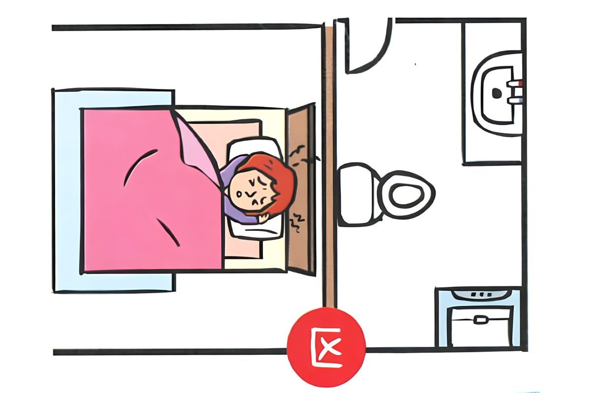 Cách bố trí phong thủy phòng ngủ chuẩn 2026 4 Vị trí đặt giường ngủ sát WC cần được cân nhắc kỹ về chống ẩm, cách âm và thông gió (Ảnh: Sưu tầm)