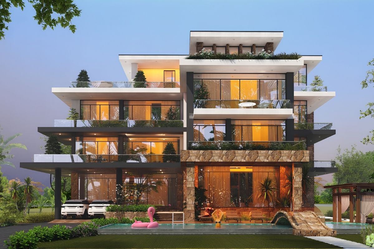 Thiết kế biệt thự vườn Cần Thơ phong cách Tropical khai thác mái đua, hiên rộng và sân vườn để tăng kết nối với thiên nhiên (Ảnh: Sưu tầm)