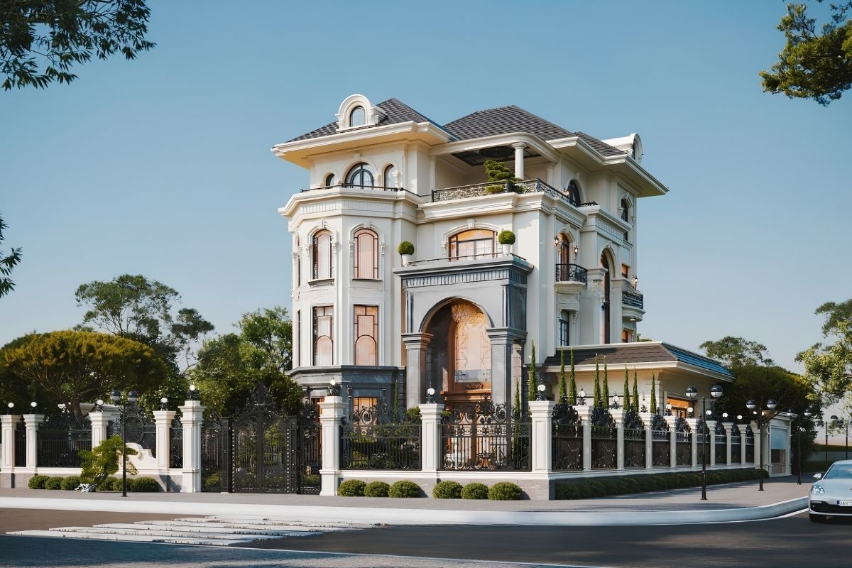 Mẫu thiết kế biệt thự Cần Thơ tân cổ điển hiện đại hóa bằng gam trắng kem, đá, kính và kim loại để thuận tiện bảo trì lâu dài (Ảnh: Sưu tầm)
