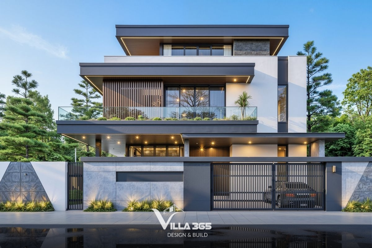 Đá, kính, bê tông và vật liệu giả gỗ tạo nên kiến trúc biệt thự Cần Thơ hiện đại với hình khối tối giản nhưng vẫn sang trọng 