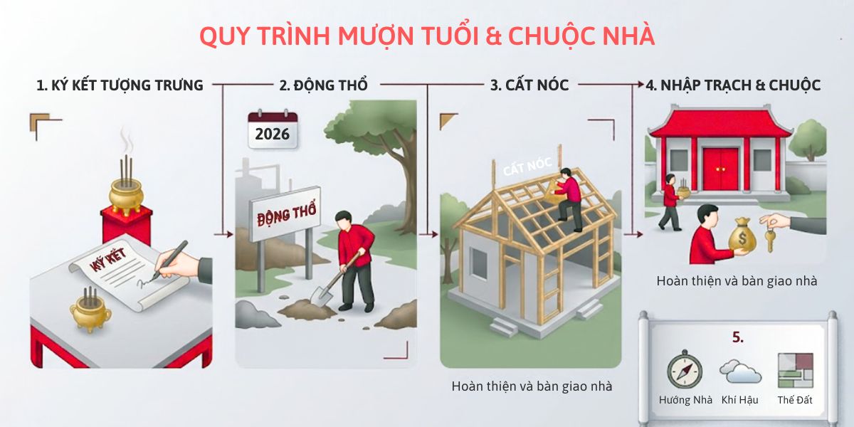 Tuổi Đinh Mùi 1967 làm nhà năm nào tốt? Luận giải chi tiết, cập nhật 2026 6 Quy trình mượn tuổi thường gắn với các nghi thức động thổ, cất nóc, nhập trạch và chuộc nhà sau khi hoàn thiện (Ảnh: Sưu tầm)