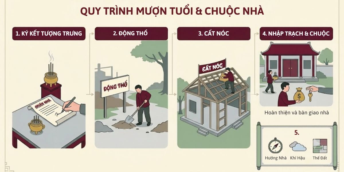 Tuổi Giáp Thìn 1964 làm nhà năm nào tốt nhất? Giải đáp chi tiết 6 Quy trình mượn tuổi và chuộc nhà cần thực hiện nhất quán từ động thổ đến nhập trạch (Ảnh: Sưu tầm)