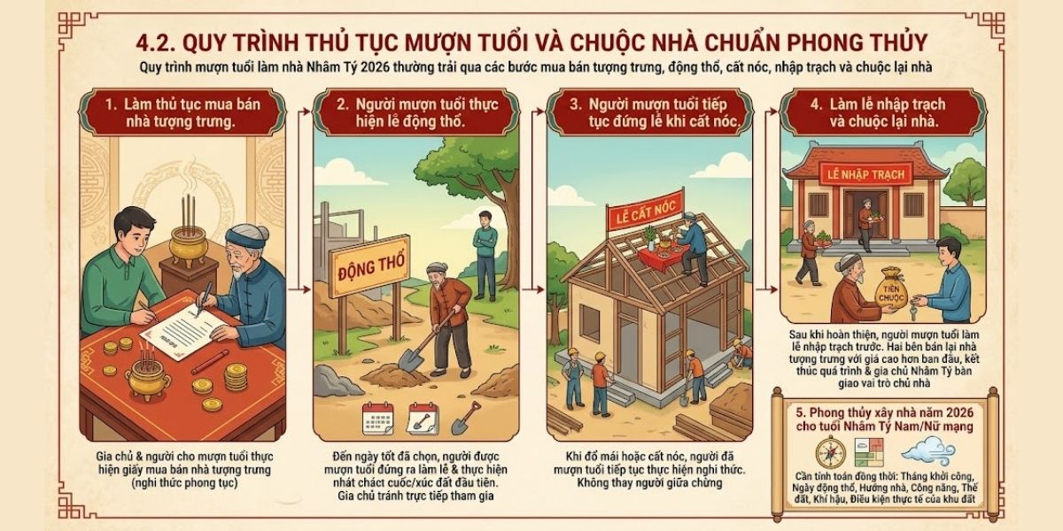 Tuổi Nhâm Tý làm nhà năm 2026 tốt không? Hóa giải & Hướng dẫn mượn tuổi 5 Quy trình mượn tuổi làm nhà Nhâm Tý 2026 thường trải qua các bước mua bán tượng trưng, động thổ, cất nóc, nhập trạch và chuộc lại nhà (Ảnh: Sưu tầm)