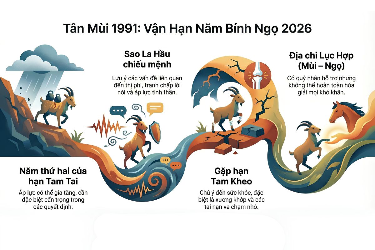 Tuổi Tân Mùi 1991 làm nhà năm 2026 có tốt không? Hướng dẫn mượn tuổi chi tiết 3 Tân Mùi 1991 có phạm Tam Tai năm 2026 không? Năm Bính Ngọ nằm trong chu kỳ Tam Tai của nhóm tuổi Hợi – Mão – Mùi (Ảnh: Sưu tầm)