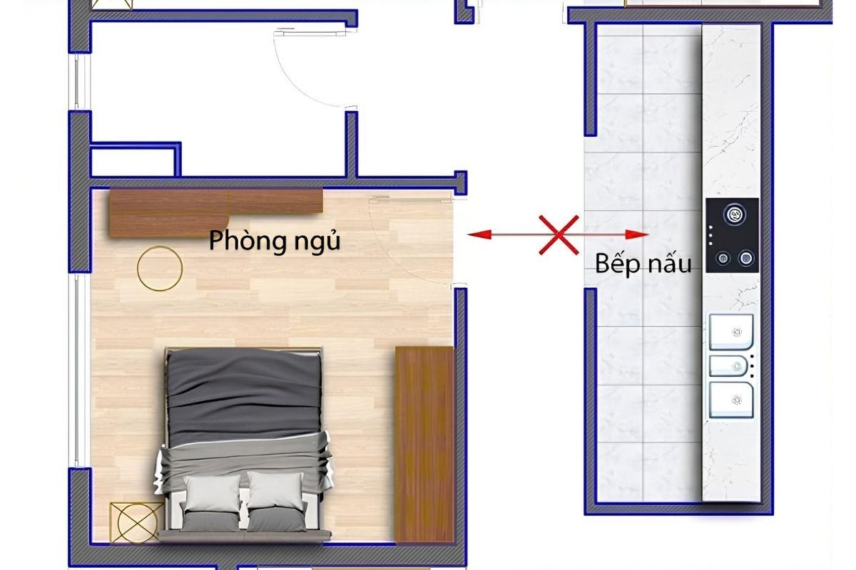 Bếp đối diện trực tiếp phòng ngủ là một trong những điều cần tránh khi xây nhà vì mùi, nhiệt và tiếng động dễ ảnh hưởng không gian nghỉ ngơi (Ảnh: Sưu tầm)