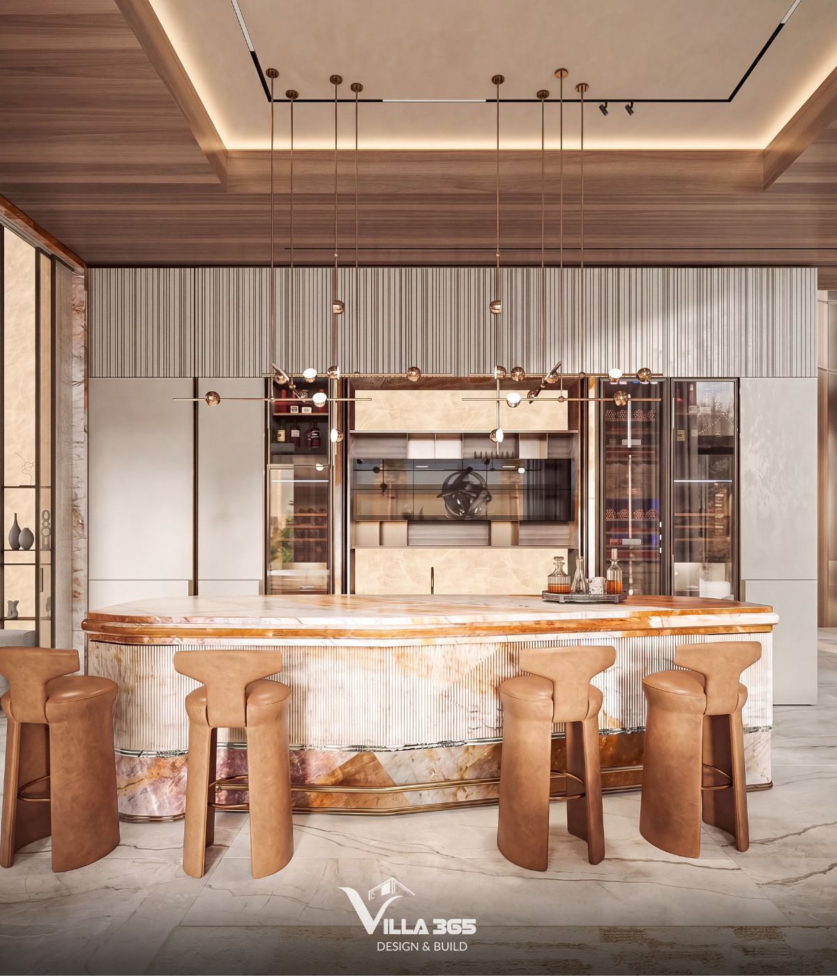 Thiết kế nội thất Amber Villa – “Chiếc hộp trang sức” lấp lánh giữa phố thị 9 Những đường vân đá màu hổ phách tựa nét cọ ngẫu hứng trên nền sáng, gợi vẻ đẹp của hội họa trừu tượng