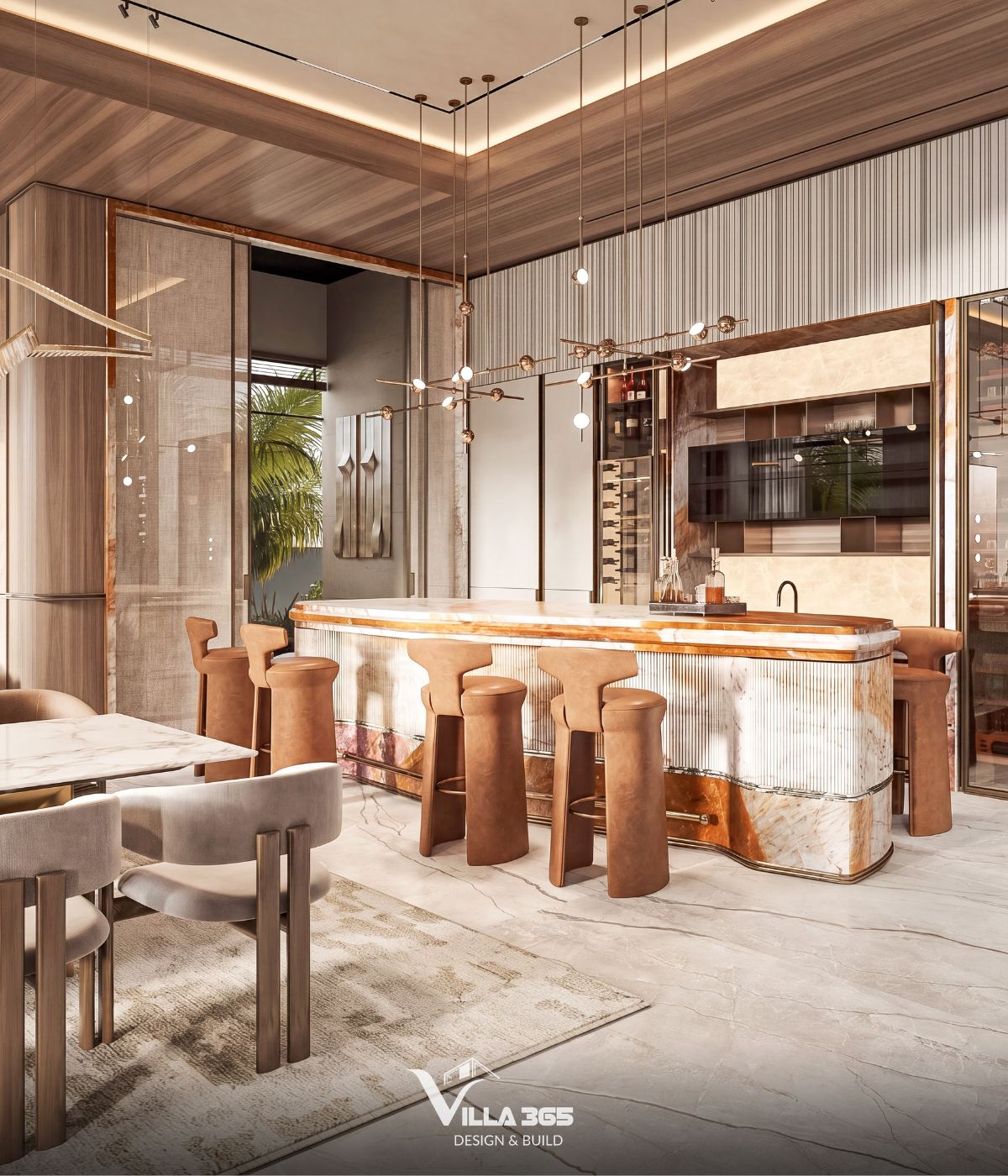 Thiết kế nội thất Amber Villa – “Chiếc hộp trang sức” lấp lánh giữa phố thị 10 Quầy bar bo cong trở thành một khối điêu khắc, tôn vinh sự chuyển động tự nhiên của đường vân đá