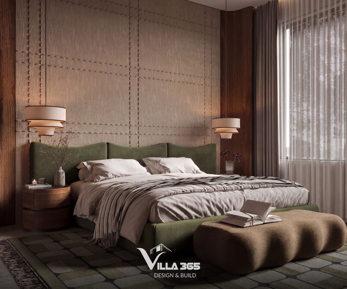 Thiết kế nội thất Amber Villa – “Chiếc hộp trang sức” lấp lánh giữa phố thị 13 Phòng ngủ sử dụng sắc xanh olive trên nền gỗ nâu trầm, tạo không gian nghỉ ngơi yên tĩnh và ấm cúng