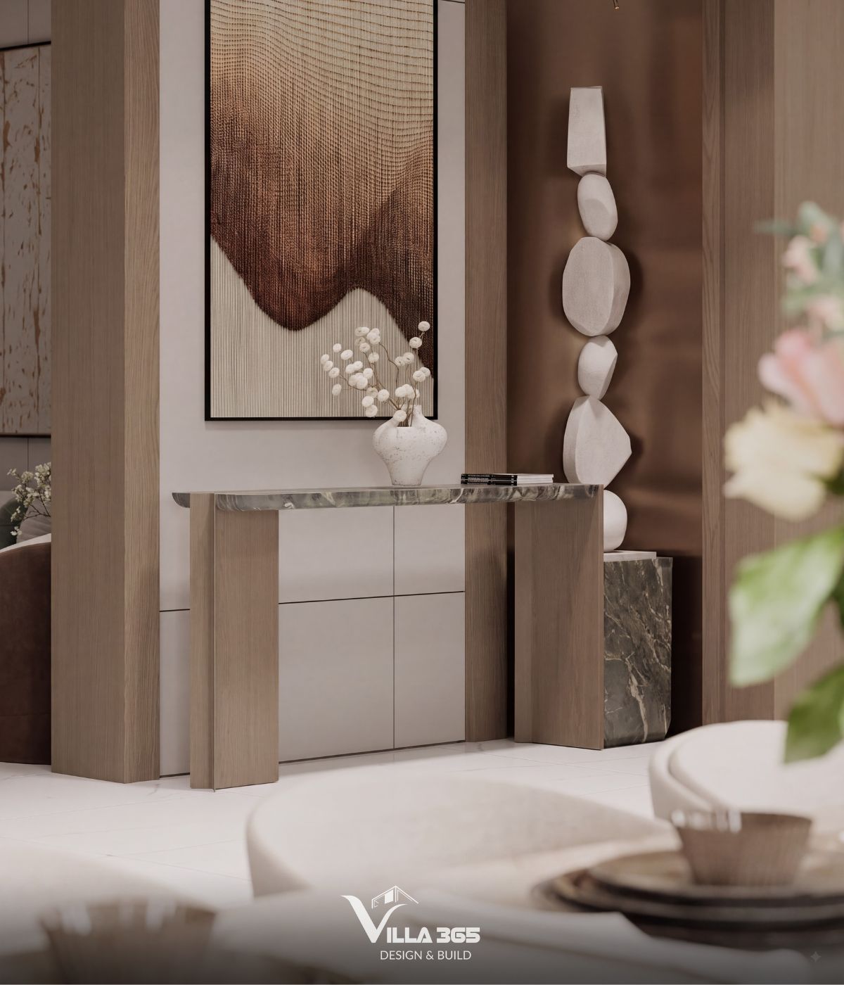 Thiết kế nội thất Azure Villa – Biệt thự 4 tầng mang cảm hứng và hoài niệm từ đại dương xanh 3 Gỗ với sắc nâu trầm và đá có hệ vân giàu kết cấu tạo nên sự đối lập về chất cảm, góp phần tăng chiều sâu và tính sang trọng cho không gian