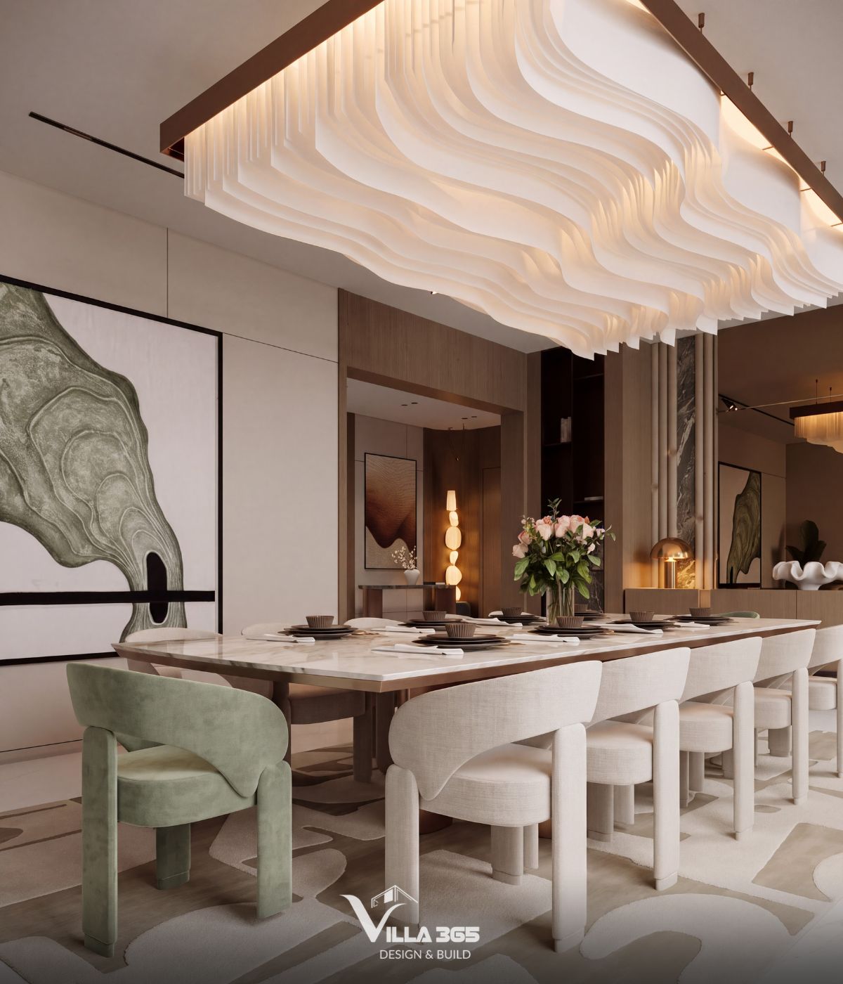 Thiết kế nội thất Azure Villa – Biệt thự 4 tầng mang cảm hứng và hoài niệm từ đại dương xanh 4 Những đường cong hữu cơ xuất hiện xuyên suốt từ nội thất rời đến các chi tiết trang trí, gợi nhịp chuyển mềm mại của sóng nước