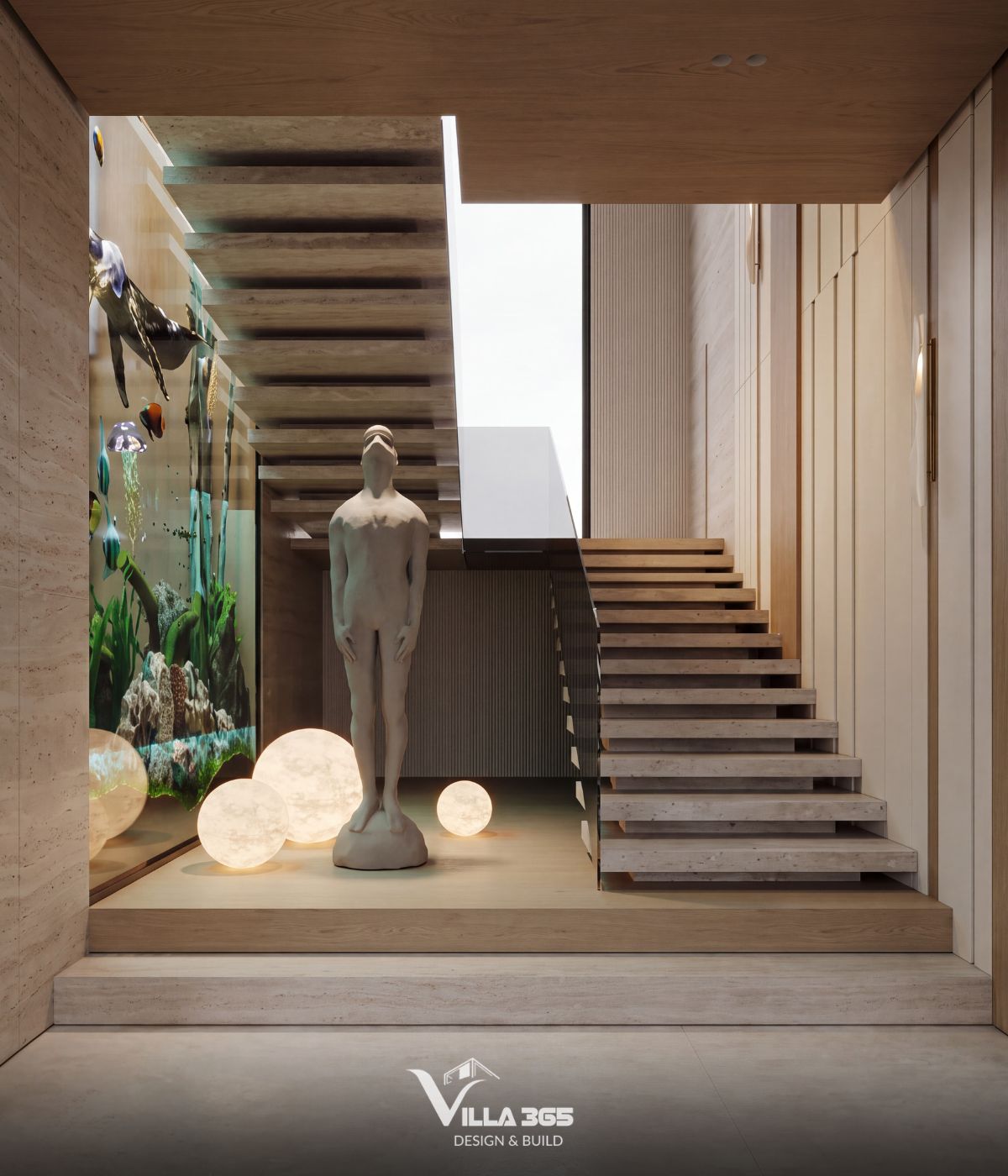 Thiết kế nội thất Azure Villa – Biệt thự 4 tầng mang cảm hứng và hoài niệm từ đại dương xanh 5 Không gian thủy sinh tại khu vực cầu thang tái hiện chiều sâu đại dương qua sắc xanh, hình ảnh sinh vật biển và hiệu ứng ánh sáng sinh động