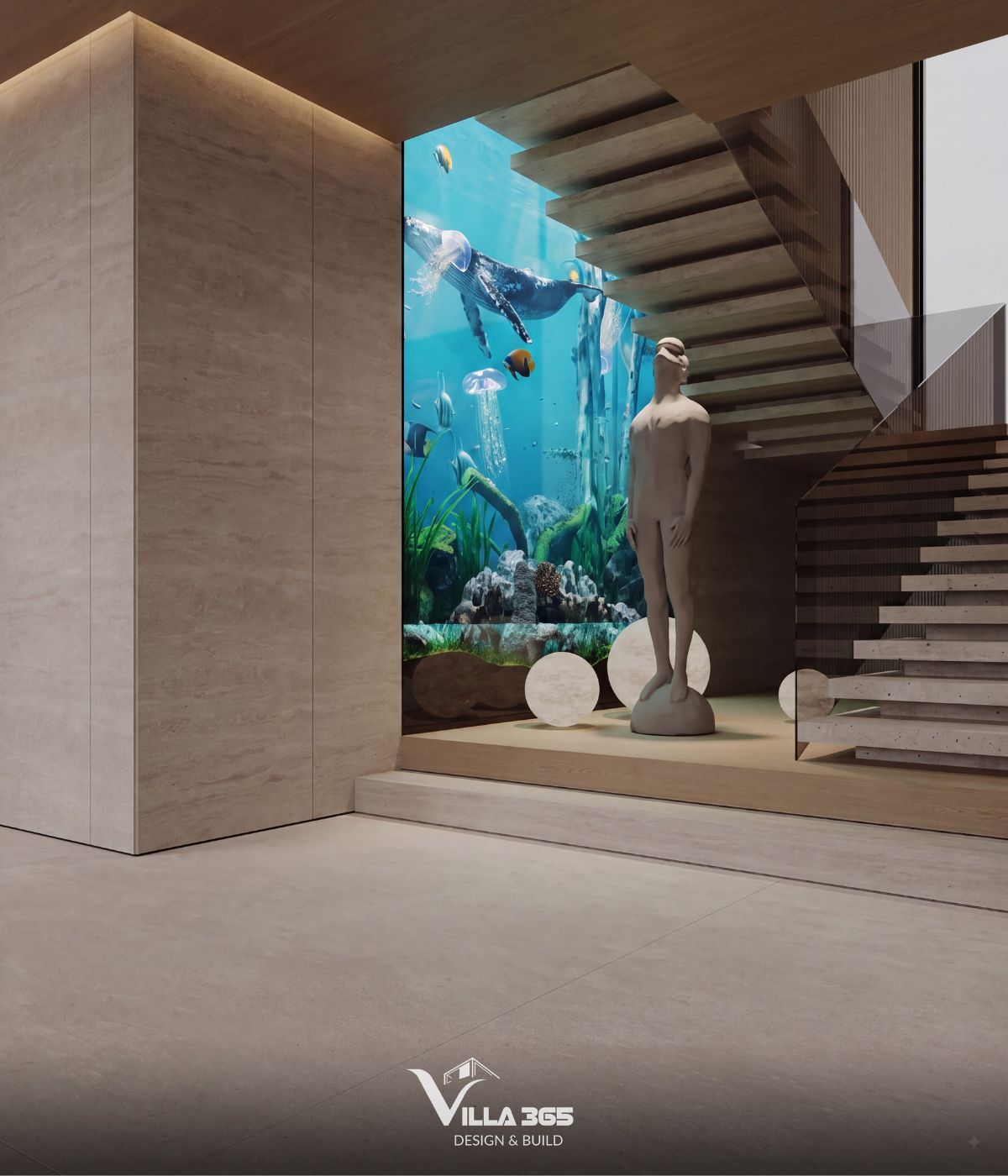 Thiết kế nội thất Azure Villa – Biệt thự 4 tầng mang cảm hứng và hoài niệm từ đại dương xanh 6 Sự kết hợp giữa nước, ánh sáng và hình khối điêu khắc mang đến trải nghiệm đa giác quan, đồng thời tạo điểm nhấn khác biệt cho không gian chuyển tiếp