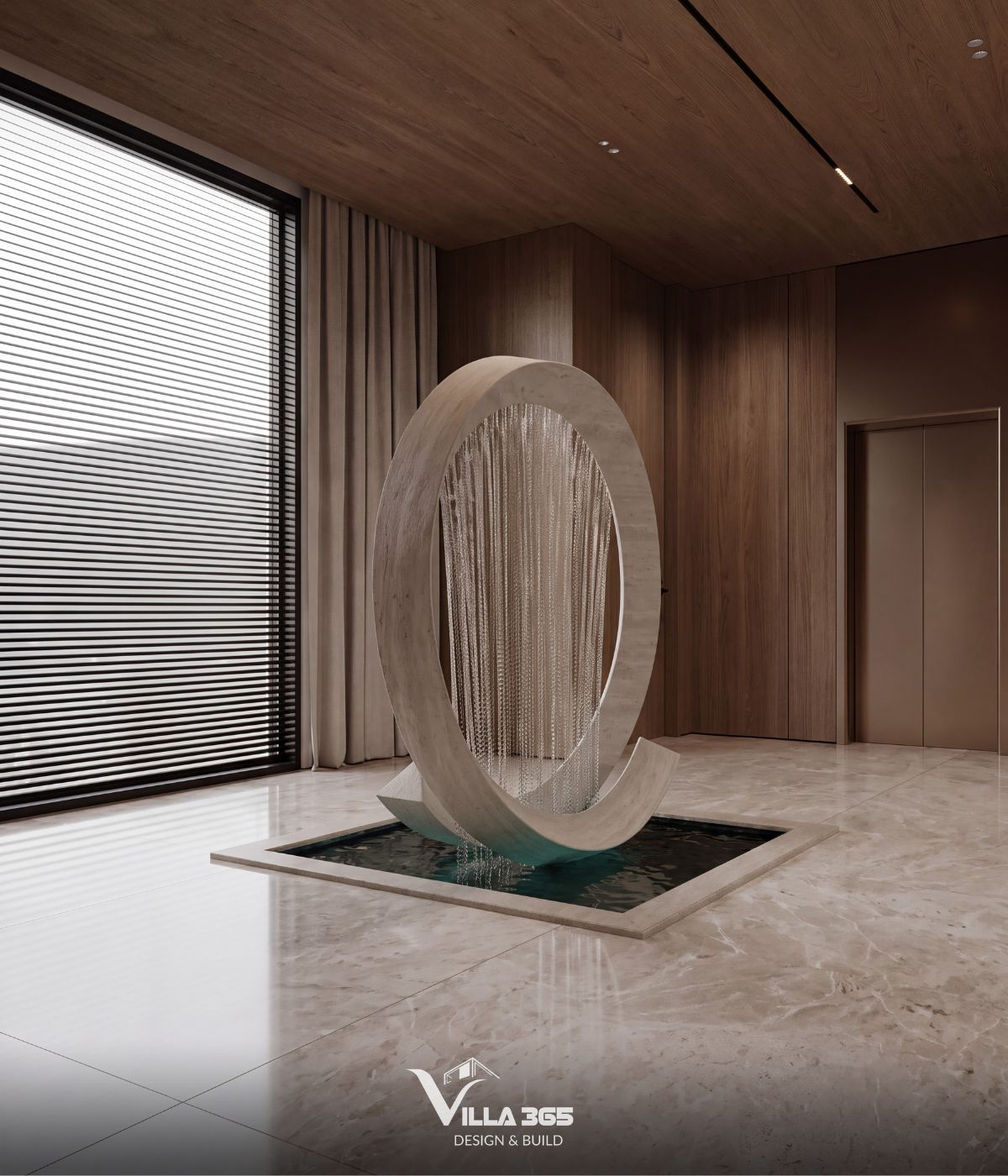 Thiết kế nội thất Azure Villa – Biệt thự 4 tầng mang cảm hứng và hoài niệm từ đại dương xanh 7 Tác phẩm điêu khắc hình vòng tại sảnh thang máy kết hợp màn nước chuyển động tinh tế
