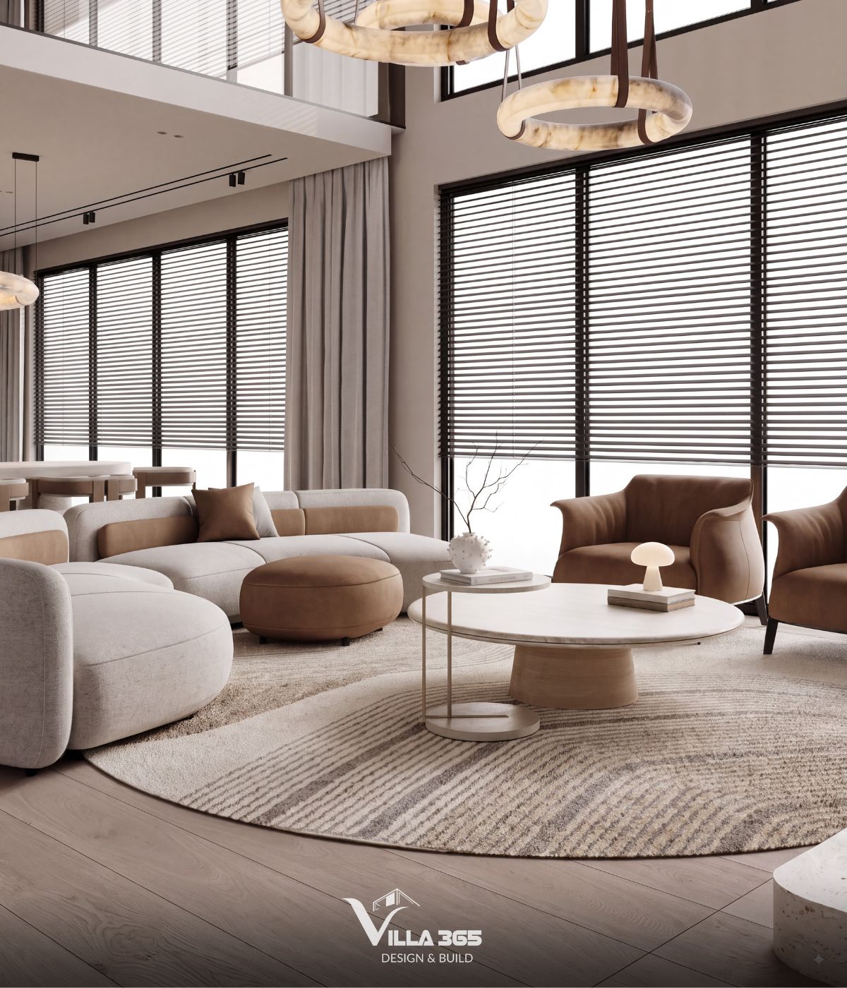 Thiết kế nội thất Azure Villa – Biệt thự 4 tầng mang cảm hứng và hoài niệm từ đại dương xanh 9 Phòng khách thông tầng khai thác chiều cao kiến trúc kết hợp hệ cửa kính lớn, tạo cảm giác khoáng đạt và tăng cường khả năng đón sáng tự nhiên