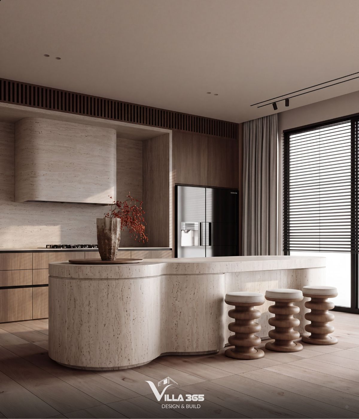 Thiết kế nội thất Azure Villa – Biệt thự 4 tầng mang cảm hứng và hoài niệm từ đại dương xanh 10 Đảo bếp bo tròn kết hợp hệ tủ gỗ và mặt đá sáng màu, dung hòa đường nét mềm mại với tính tiện nghi trong quá trình sử dụng
