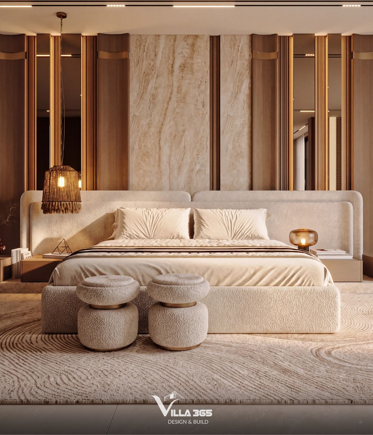 Thiết kế nội thất Azure Villa – Biệt thự 4 tầng mang cảm hứng và hoài niệm từ đại dương xanh 12 Phòng ngủ sử dụng bảng màu trung tính, vật liệu gỗ ấm và ánh sáng gián tiếp, tạo bầu không khí thư thái