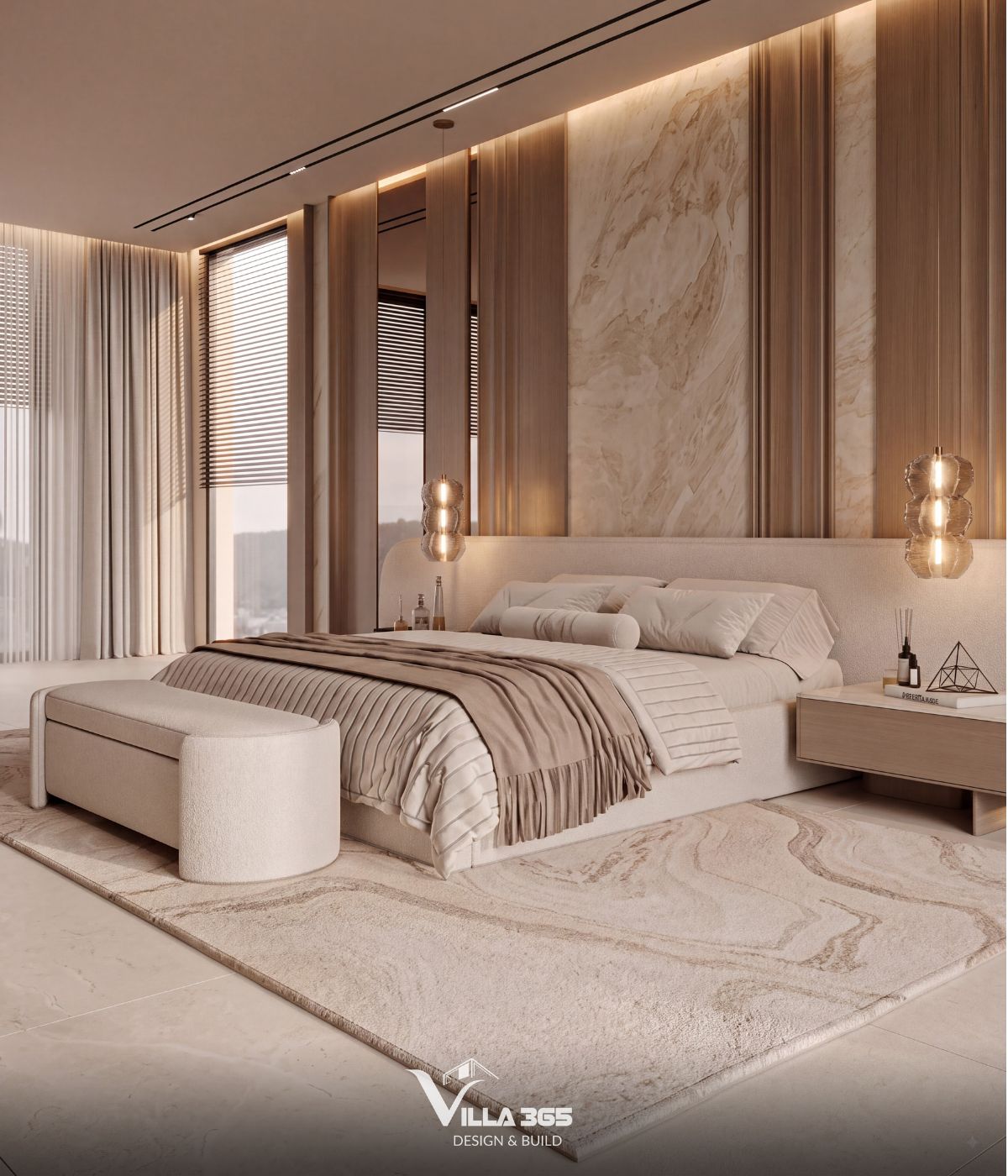 Thiết kế nội thất Azure Villa – Biệt thự 4 tầng mang cảm hứng và hoài niệm từ đại dương xanh 13 Mảng đá vân tự nhiên phía sau đầu giường kết hợp các chi tiết gỗ đứng tạo nhịp điệu bề mặt, làm nổi bật chiều sâu và chất cảm vật liệu