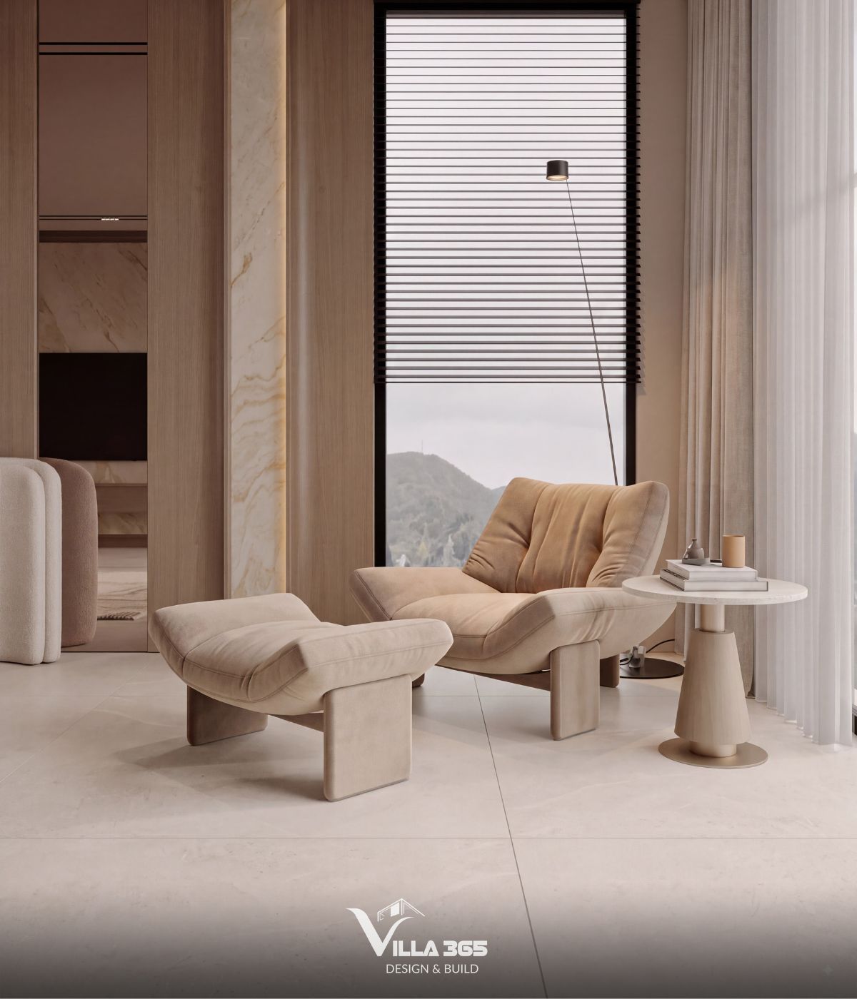 Thiết kế nội thất Azure Villa – Biệt thự 4 tầng mang cảm hứng và hoài niệm từ đại dương xanh 14 Một góc nhỏ thư giãn với bàn trà và ghế sofa màu be thanh lịch