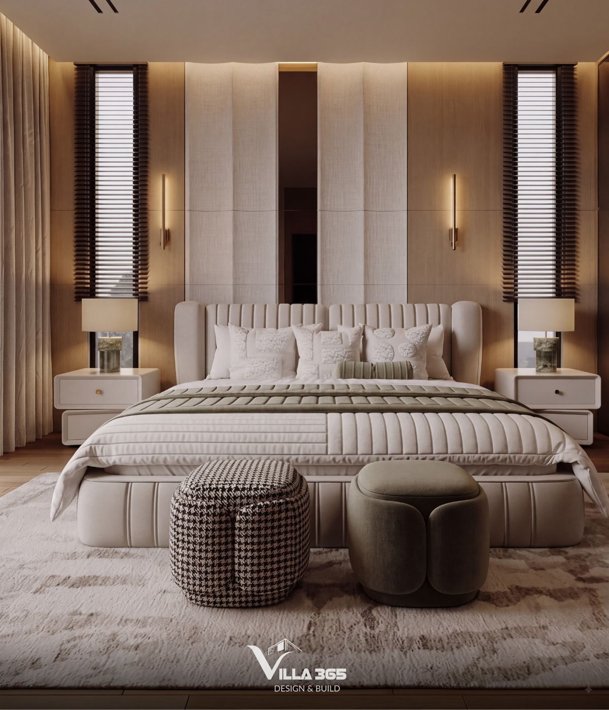 Thiết kế nội thất Azure Villa – Biệt thự 4 tầng mang cảm hứng và hoài niệm từ đại dương xanh 15 Họa tiết sọc caro và nội thất màu xanh rêu tạo điểm nhấn phong phú cho căn phòng