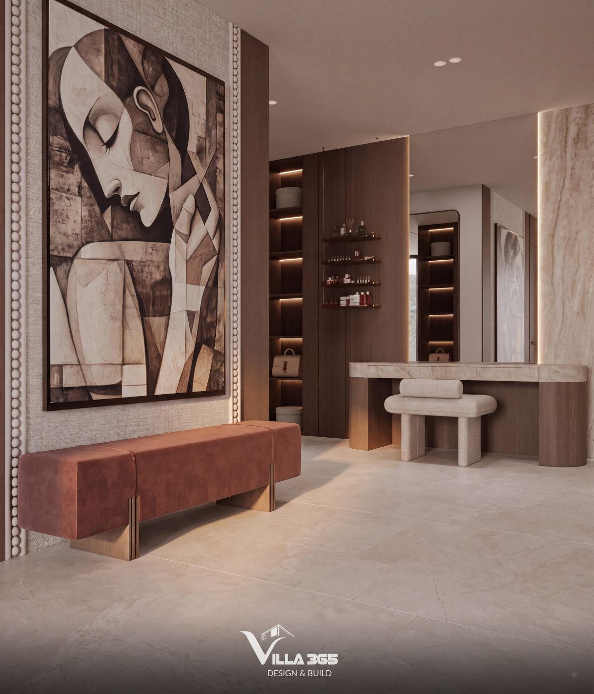 Thiết kế nội thất Azure Villa – Biệt thự 4 tầng mang cảm hứng và hoài niệm từ đại dương xanh 16 Không gian thay đồ với hệ tủ kính, kệ trưng bày và đảo lưu trữ tích hợp ghế ngồi