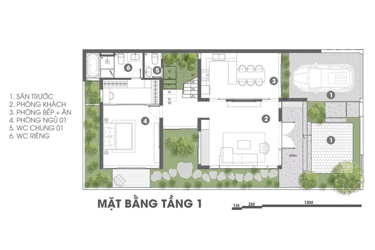 35+ Mẫu Biệt Thự 2 Tầng 10×20m Mái Nhật Đẹp Kèm Bản Vẽ Công Năng 39 Mặt bằng tầng 1 biệt thự 2 tầng 10x20m mái Nhật gồm phòng khách, bếp ăn, phòng ngủ và sân vườn (Ảnh: Sưu tầm)