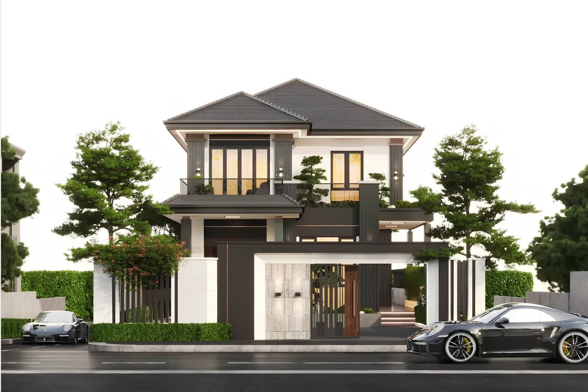 35+ Mẫu Biệt Thự 2 Tầng 10×20m Mái Nhật Đẹp Kèm Bản Vẽ Công Năng 3 Mẫu biệt thự 2 tầng 10x20m mái Nhật hiện đại với hình khối vuông vức và mặt tiền tối giản (Ảnh: Sưu tầm)