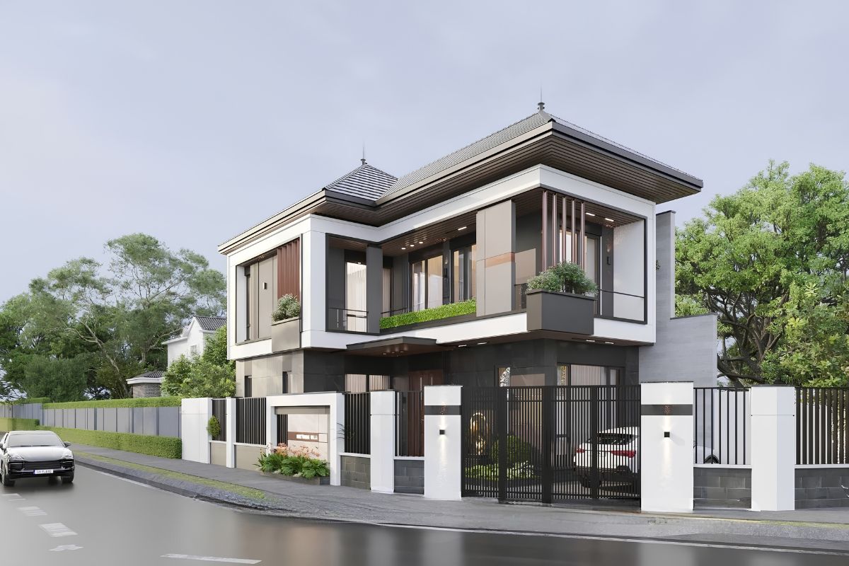 35+ Mẫu Biệt Thự 2 Tầng 10×20m Mái Nhật Đẹp Kèm Bản Vẽ Công Năng 5 Thiết kế biệt thự 2 tầng mái Nhật 10x20m với mặt tiền rộng và hệ lam trang trí hiện đại (Ảnh: Sưu tầm)