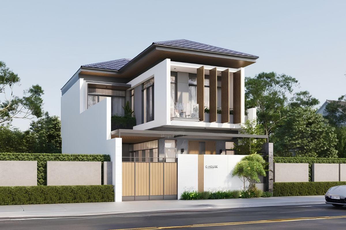 35+ Mẫu Biệt Thự 2 Tầng 10×20m Mái Nhật Đẹp Kèm Bản Vẽ Công Năng 6 Biệt thự 2 tầng 10x20m mái Nhật phối hợp sơn trắng, đá ốp và vật liệu giả gỗ tinh tế (Ảnh: Sưu tầm)