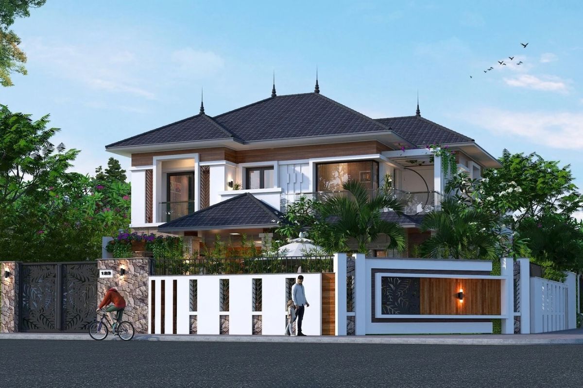 35+ Mẫu Biệt Thự 2 Tầng 10×20m Mái Nhật Đẹp Kèm Bản Vẽ Công Năng 7 Mẫu biệt thự mái Nhật 2 tầng 200m2 sử dụng cửa kính lớn và ban công thanh thoát (Ảnh: Sưu tầm)