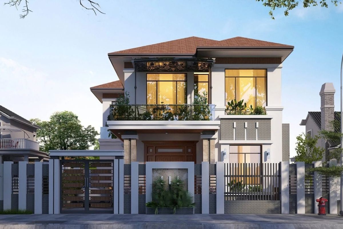 35+ Mẫu Biệt Thự 2 Tầng 10×20m Mái Nhật Đẹp Kèm Bản Vẽ Công Năng 8 Kiến trúc biệt thự 2 tầng mái Nhật đẹp với ban công đua nhẹ và hệ mái cân đối (Ảnh: Sưu tầm)