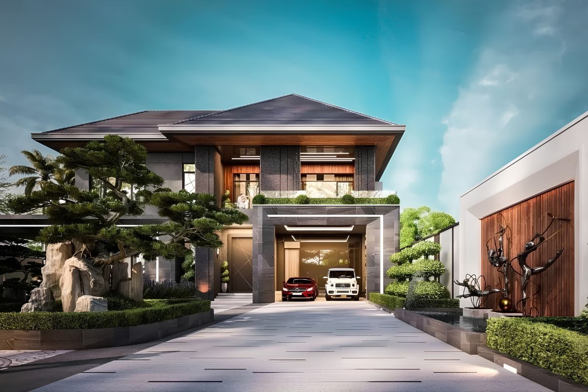 35+ Mẫu Biệt Thự 2 Tầng 10×20m Mái Nhật Đẹp Kèm Bản Vẽ Công Năng 10 Mẫu biệt thự 2 tầng 10x20m mái Nhật có gara ô tô bố trí hài hòa với kiến trúc mặt tiền (Ảnh: Sưu tầm)