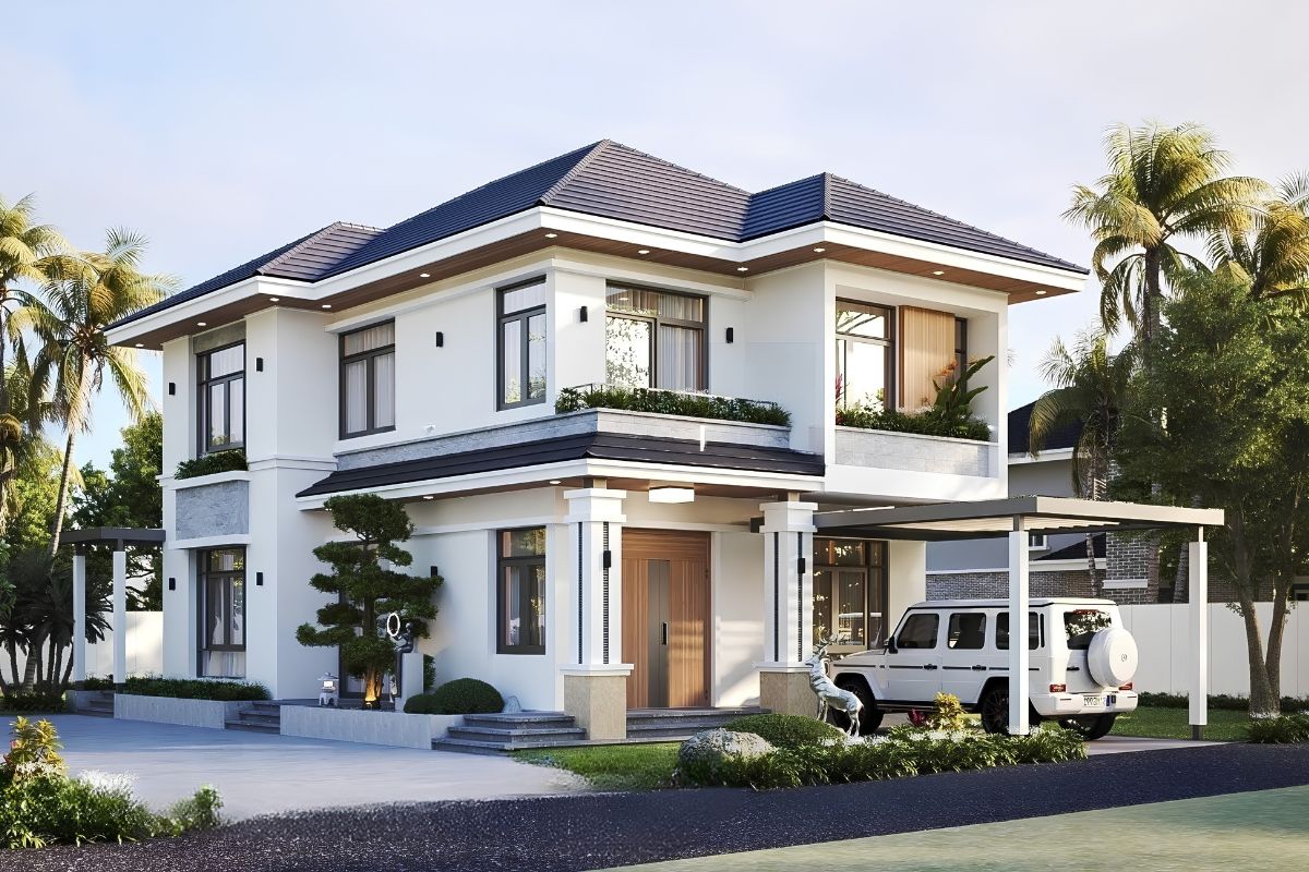 35+ Mẫu Biệt Thự 2 Tầng 10×20m Mái Nhật Đẹp Kèm Bản Vẽ Công Năng 11 Thiết kế gara tích hợp tầng trệt trong mẫu nhà biệt thự 2 tầng 10x20m hiện đại (Ảnh: Sưu tầm)
