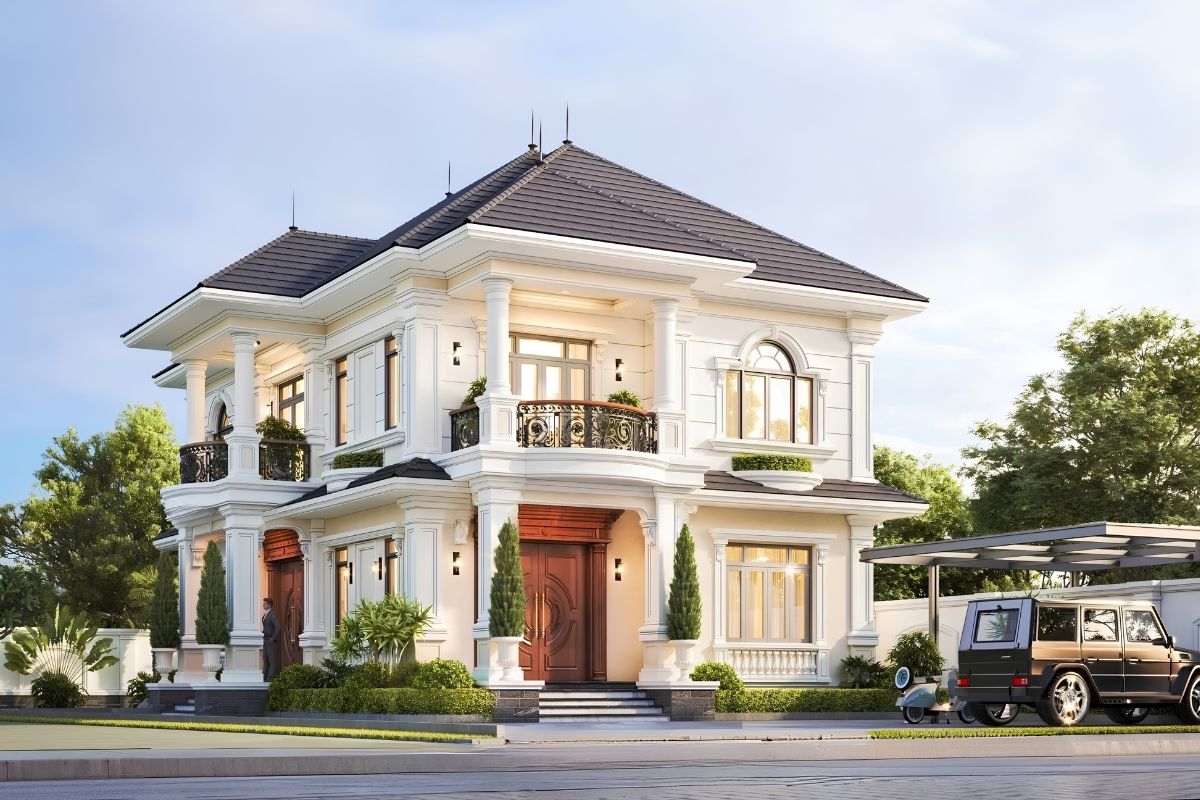 35+ Mẫu Biệt Thự 2 Tầng 10×20m Mái Nhật Đẹp Kèm Bản Vẽ Công Năng 12 Biệt thự 2 tầng mái Nhật đẹp với hệ mái phụ gara đồng bộ cùng mái chính (Ảnh: Sưu tầm)