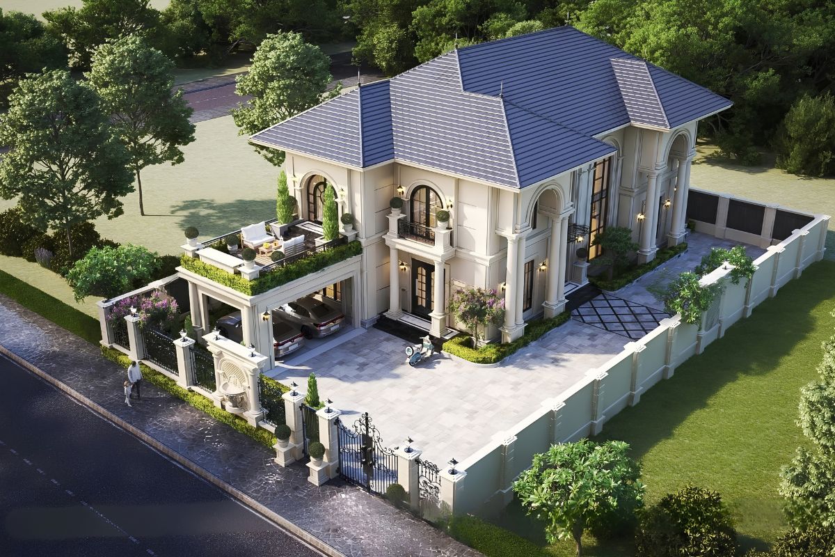 35+ Mẫu Biệt Thự 2 Tầng 10×20m Mái Nhật Đẹp Kèm Bản Vẽ Công Năng 13 Mặt tiền biệt thự 2 tầng 10x20m mái Nhật có gara thiết kế bất đối xứng ấn tượng (Ảnh: Sưu tầm)