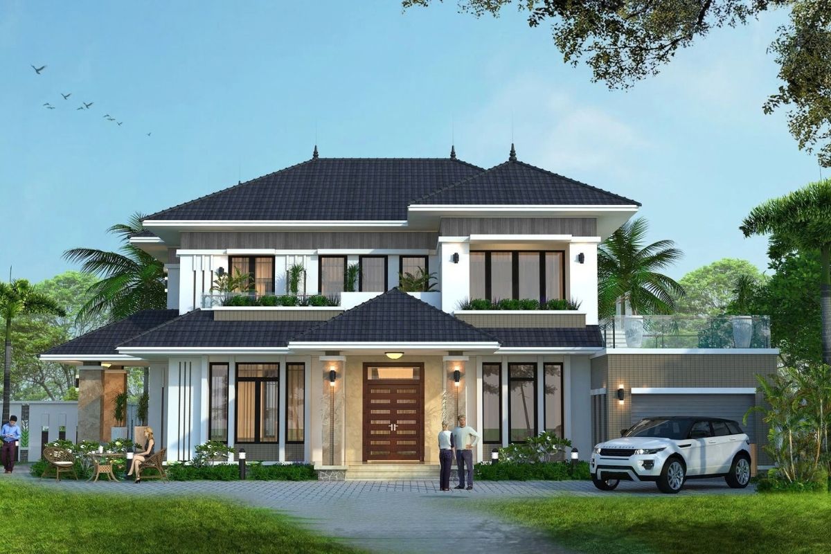 35+ Mẫu Biệt Thự 2 Tầng 10×20m Mái Nhật Đẹp Kèm Bản Vẽ Công Năng 14 Cửa gara kim loại hiện đại kết hợp vật liệu mặt đứng biệt thự mái Nhật 2 tầng 200m2 (Ảnh: Sưu tầm)