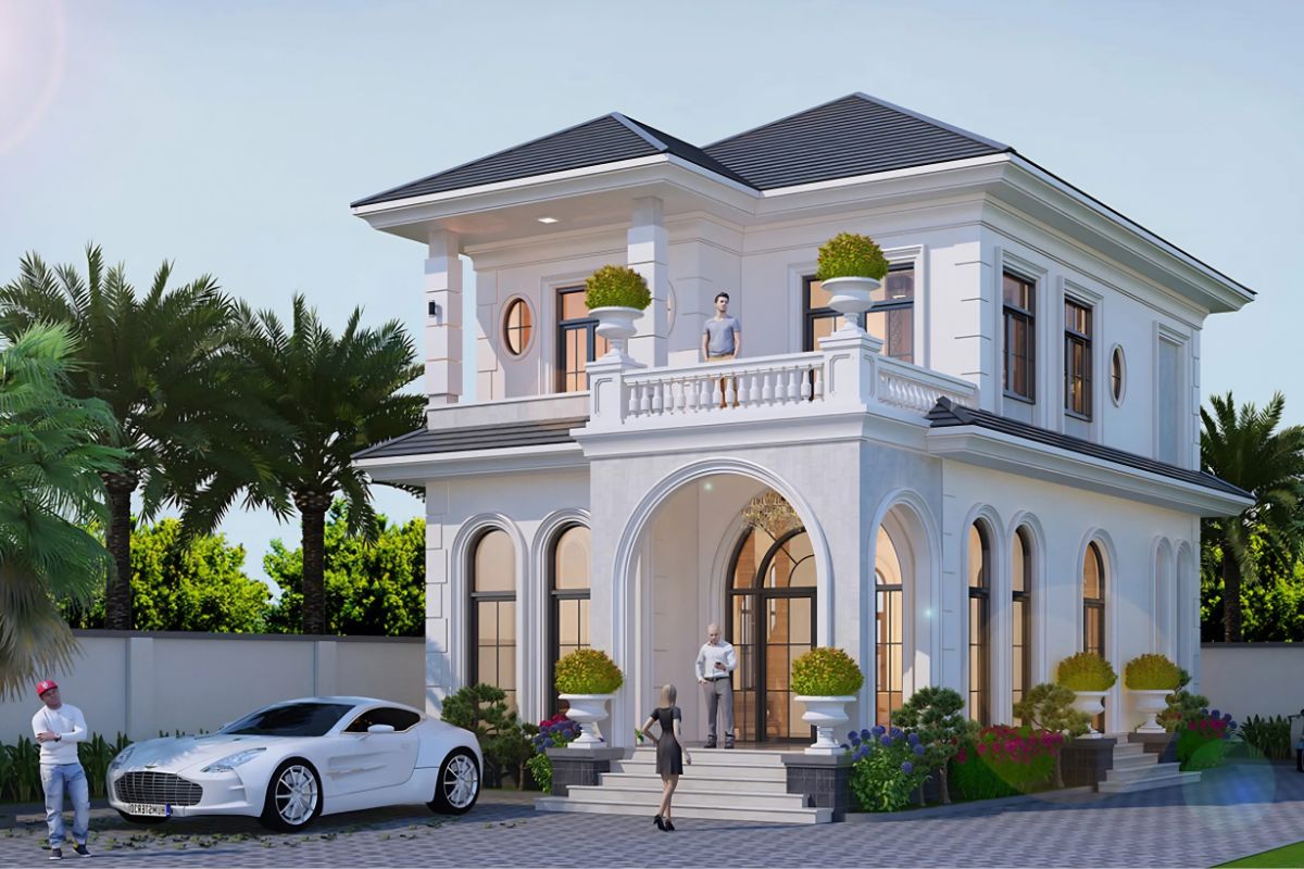 35+ Mẫu Biệt Thự 2 Tầng 10×20m Mái Nhật Đẹp Kèm Bản Vẽ Công Năng 18 Kiến trúc nhà biệt thự 2 tầng 10x20m với sảnh chính bề thế và hệ cột vuông cân đối (Ảnh: Sưu tầm)