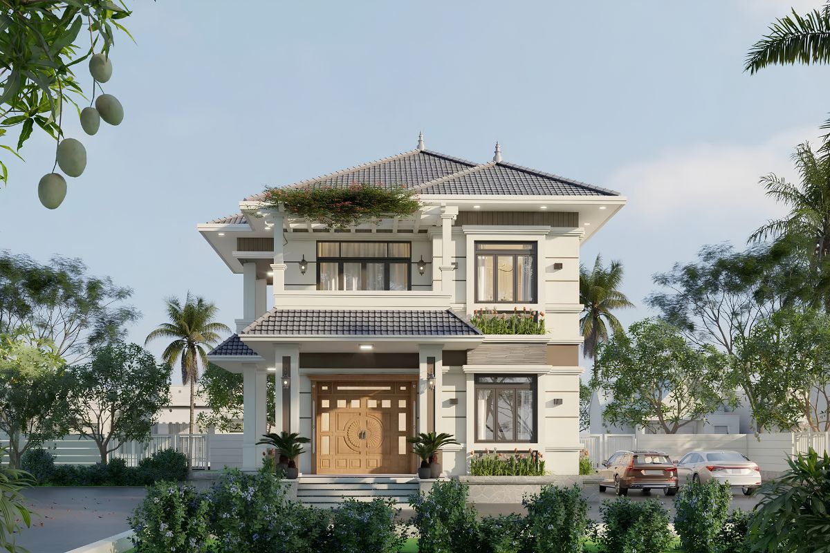 35+ Mẫu Biệt Thự 2 Tầng 10×20m Mái Nhật Đẹp Kèm Bản Vẽ Công Năng 20 Biệt thự 2 tầng mái Nhật đẹp phối màu trắng kem, mái xanh than và đá ốp sang trọng (Ảnh: Sưu tầm)