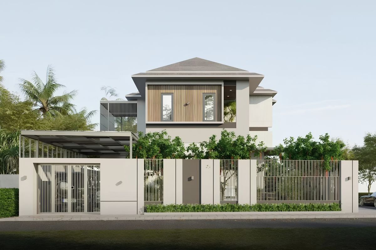35+ Mẫu Biệt Thự 2 Tầng 10×20m Mái Nhật Đẹp Kèm Bản Vẽ Công Năng 21 Mẫu biệt thự 2 tầng 10x20m mái Nhật với ban công hiện đại, thanh lịch (Ảnh: Sưu tầm)