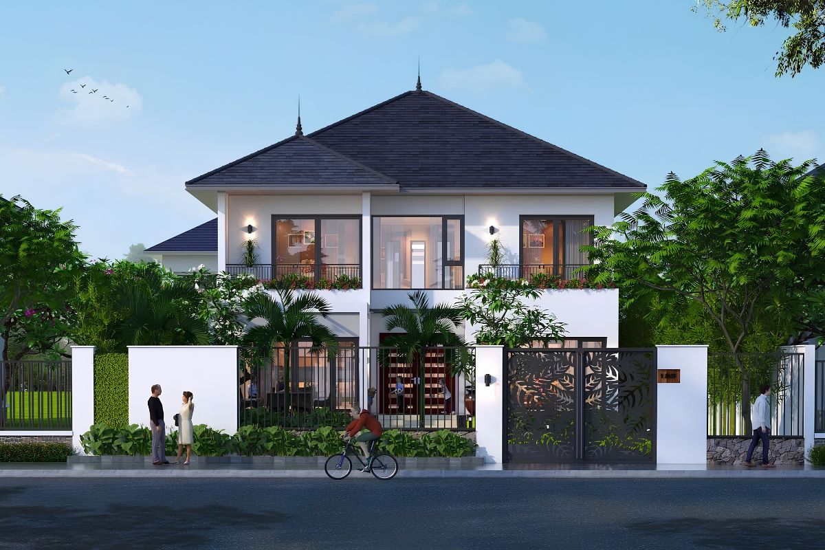 35+ Mẫu Biệt Thự 2 Tầng 10×20m Mái Nhật Đẹp Kèm Bản Vẽ Công Năng 23 Tổng thể biệt thự 2 tầng 10x20m mái Nhật 4 phòng ngủ mang vẻ đẹp cân đối và tinh tế (Ảnh: Sưu tầm)