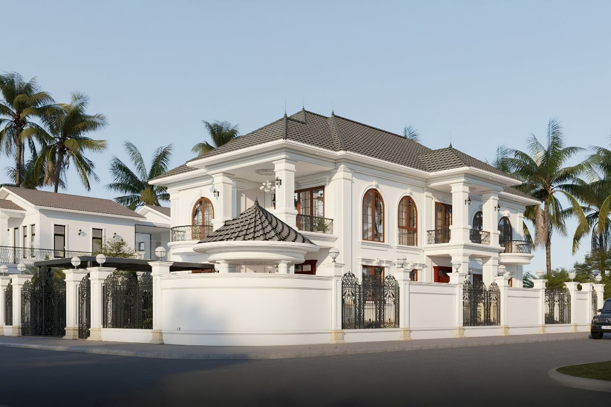 35+ Mẫu Biệt Thự 2 Tầng 10×20m Mái Nhật Đẹp Kèm Bản Vẽ Công Năng 25 Mặt tiền biệt thự mái Nhật 2 tầng 200m2 nổi bật với bố cục hình khối rõ ràng (Ảnh: Sưu tầm)
