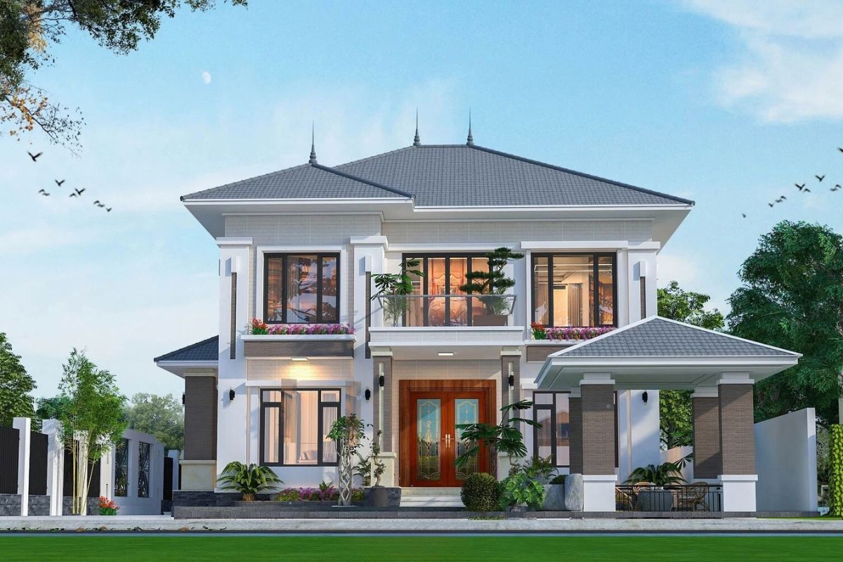35+ Mẫu Biệt Thự 2 Tầng 10×20m Mái Nhật Đẹp Kèm Bản Vẽ Công Năng 26 Hệ mái Nhật nhiều lớp tạo vẻ bề thế cho biệt thự 2 tầng 10x20m mái Nhật 5 phòng ngủ (Ảnh: Sưu tầm)