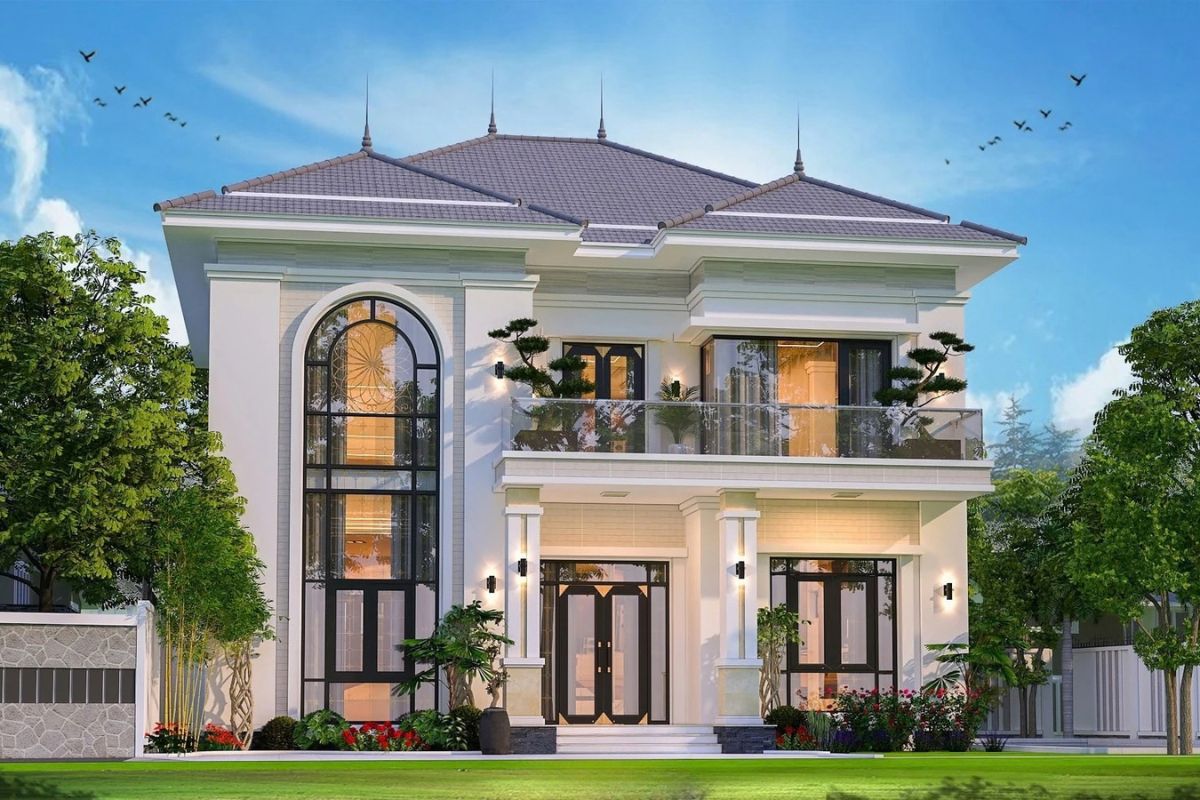 35+ Mẫu Biệt Thự 2 Tầng 10×20m Mái Nhật Đẹp Kèm Bản Vẽ Công Năng 28 Nhà biệt thự 2 tầng 10x20m sở hữu mặt tiền rộng, cửa kính lớn và hệ lam che nắng (Ảnh: Sưu tầm)