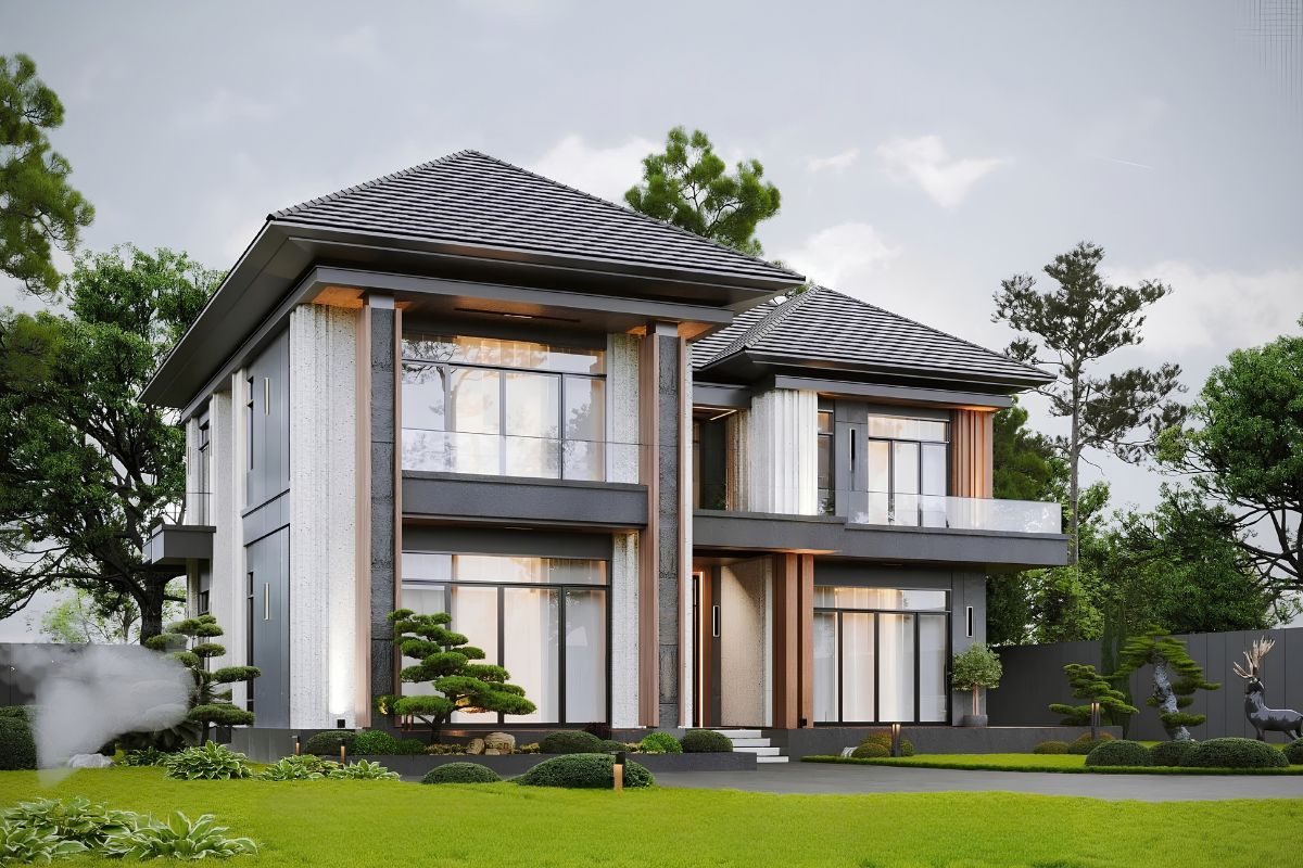 35+ Mẫu Biệt Thự 2 Tầng 10×20m Mái Nhật Đẹp Kèm Bản Vẽ Công Năng 36 Biệt thự 2 tầng 10x20m mái Nhật có ban công xanh và vật liệu mặt đứng gần gũi thiên nhiên (Ảnh: Sưu tầm)