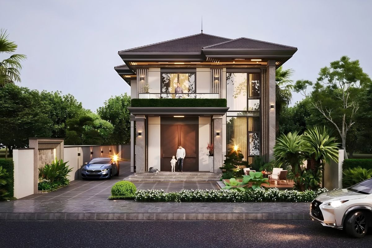 35+ Mẫu Biệt Thự 2 Tầng 10×20m Mái Nhật Đẹp Kèm Bản Vẽ Công Năng 37 Tổng thể mẫu biệt thự mái Nhật 2 tầng 200m2 kết hợp sân vườn và kiến trúc nghỉ dưỡng thanh lịch (Ảnh: Sưu tầm)