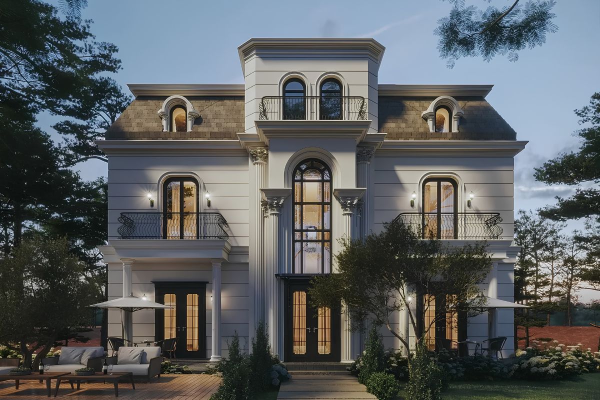 Biệt thự 2 tầng 3 phòng ngủ tân cổ điển sở hữu mặt tiền cân đối, hệ cột thanh thoát và phào chỉ tinh tế  (Ảnh: Sưu tầm)