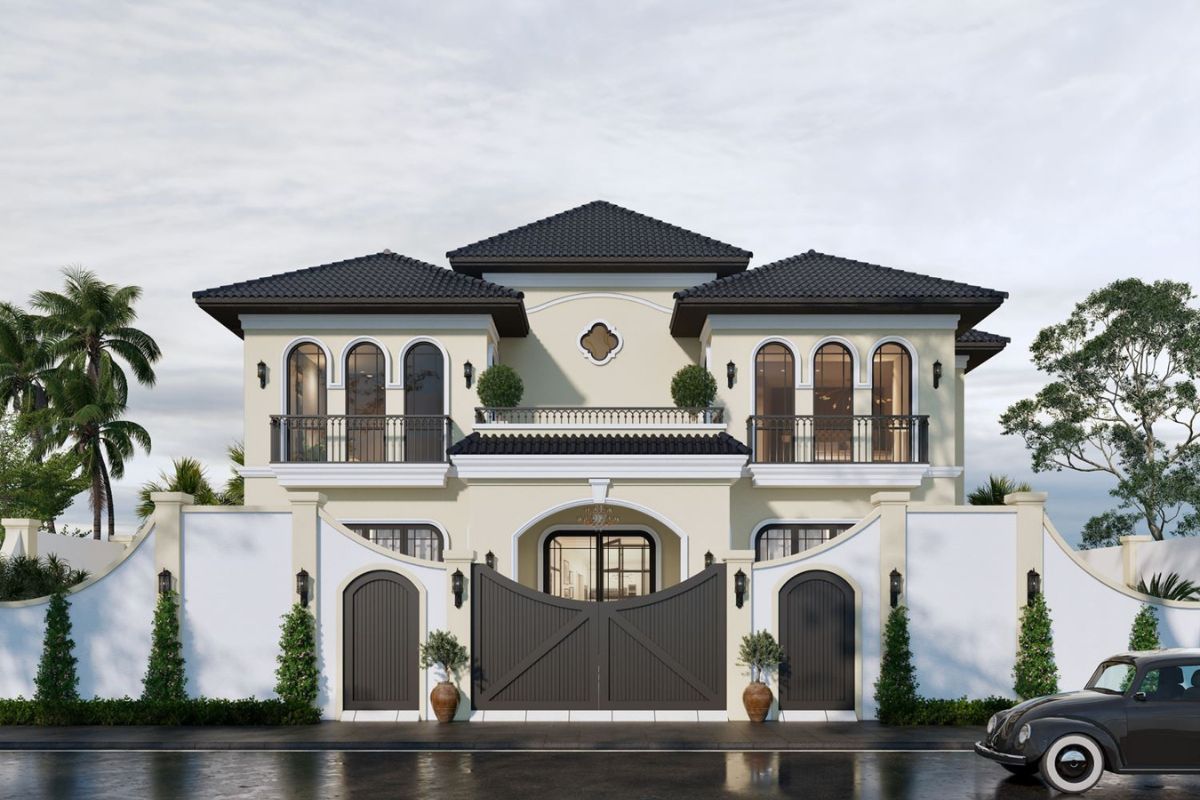 Thiết kế biệt thự 2 tầng 3 phòng ngủ phong cách Indochine kết hợp cửa vòm, lam gỗ và vật liệu truyền thống  (Ảnh: Sưu tầm)