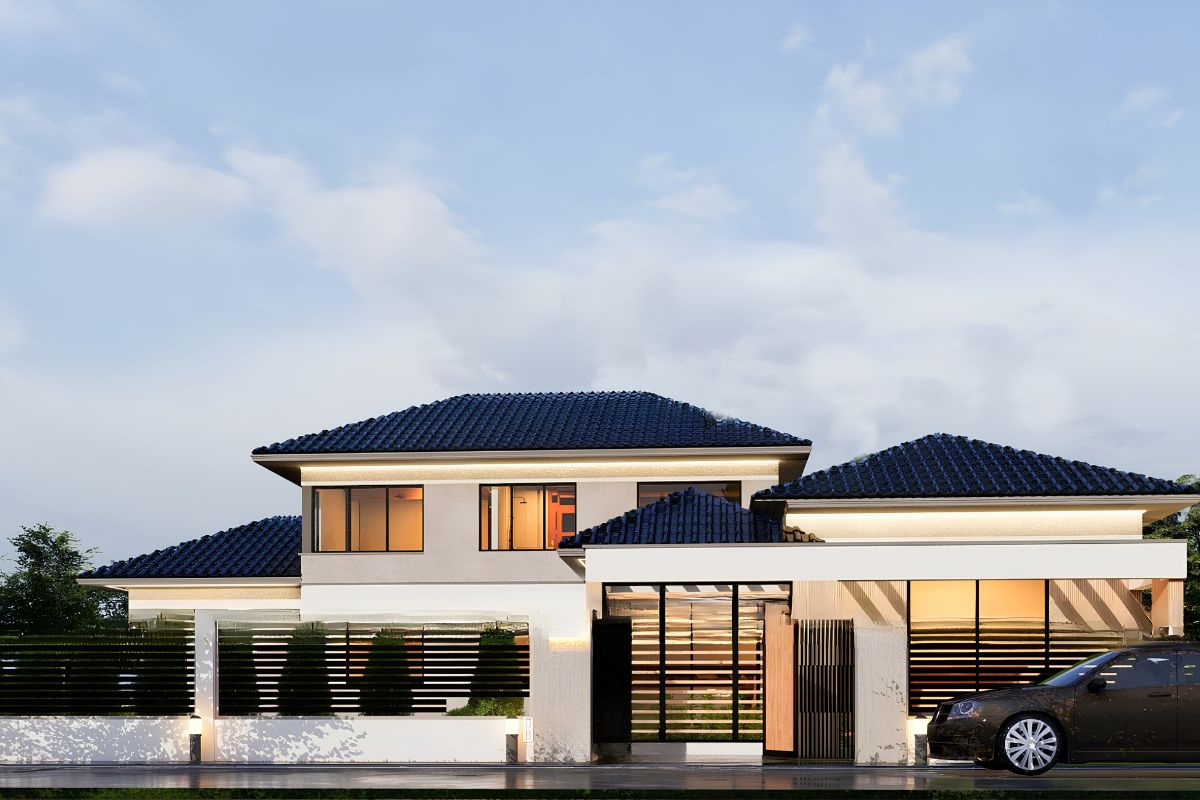 Mẫu biệt thự 2 tầng 3 phòng ngủ mái Nhật gây ấn tượng với hệ mái dốc nhẹ, hình khối cân đối và thanh thoát  (Ảnh: Sưu tầm)