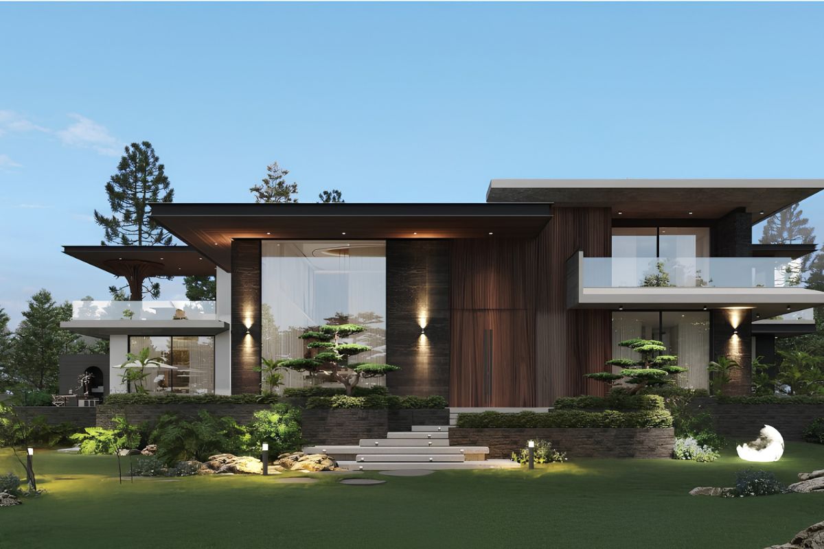 Biệt thự sân vườn 2 tầng 3 phòng ngủ dạng chữ L tận dụng hai cánh nhà để tổ chức công năng và cảnh quan  (Ảnh: Sưu tầm)