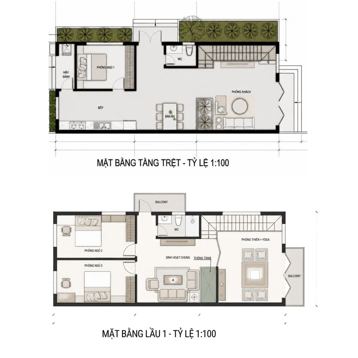 Mặt bằng biệt thự 2 tầng 3 phòng ngủ diện tích 100m²/sàn bố trí một phòng ngủ tầng trệt, thuận tiện cho người lớn tuổi  (Ảnh: Sưu tầm)