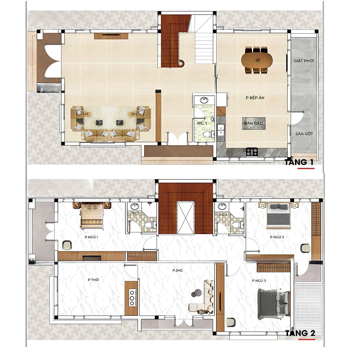 Bản vẽ biệt thự 2 tầng 120m²/sàn tập trung ba phòng ngủ trên tầng 2, đảm bảo sự riêng tư (Ảnh: Sưu tầm)